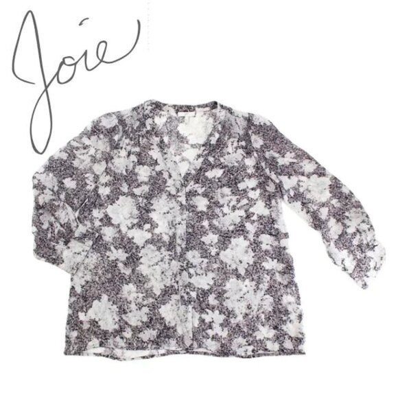 Joie Tops - Joie Silk Blouse XS Gray White Floral Semi Sheer V Neck Puff Sleeve 34 Sleeve